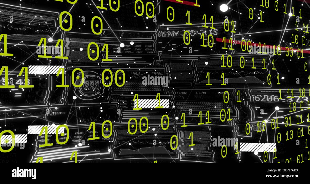 Floating yellow-green binary digits overlaying dark PCB close-up, linking microchips, traces, nodes Stock Photo