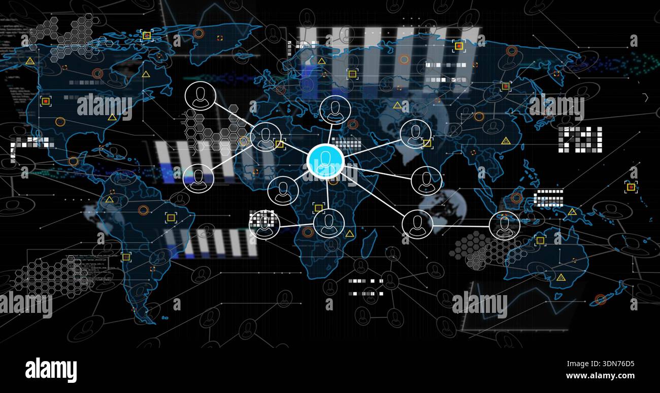 Showing central cyan user node glowing and connecting to outer white nodes on digital global map Stock Photo