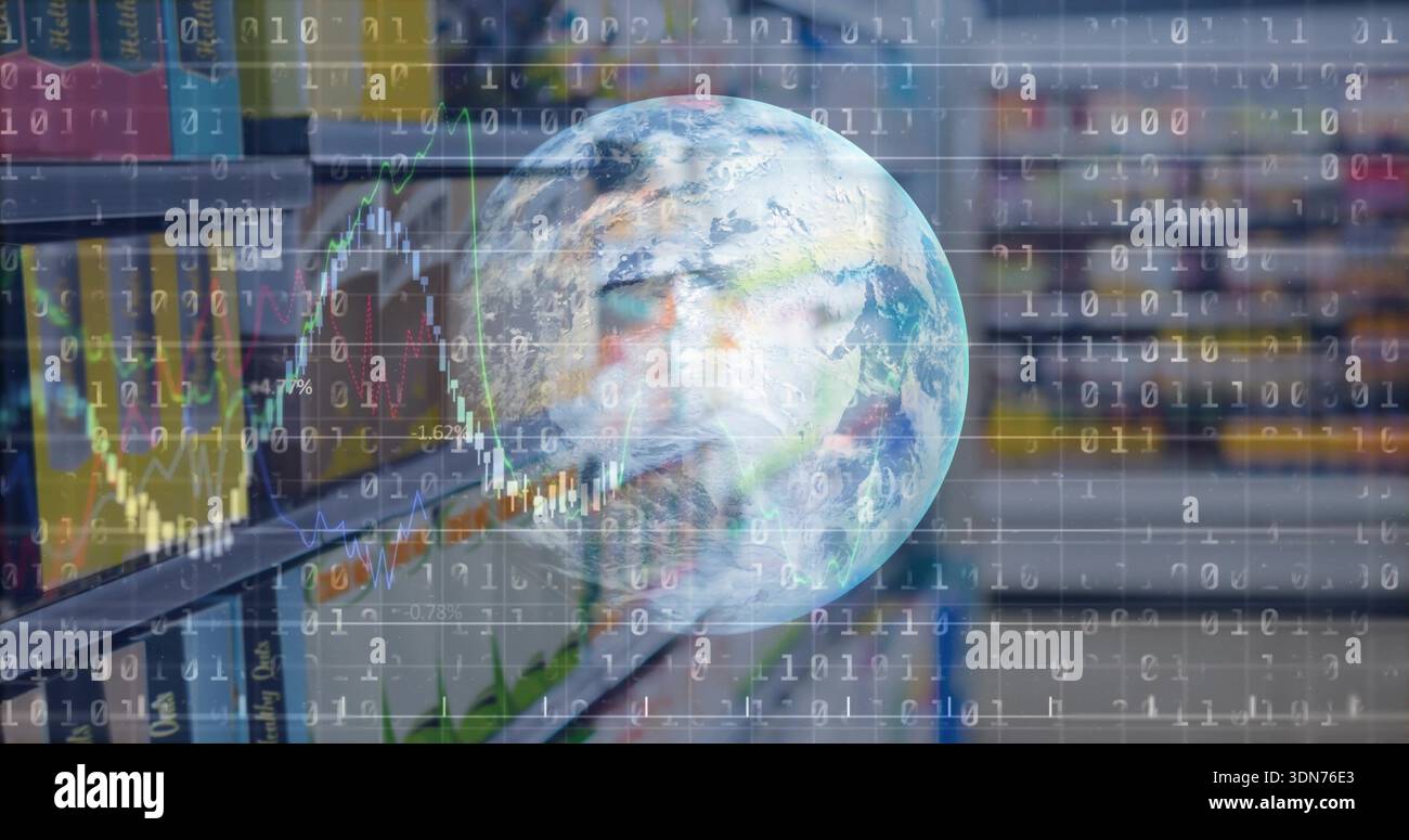 Floating translucent Earth intersecting binary code, candlestick charts, grid in storage room racks Stock Photo