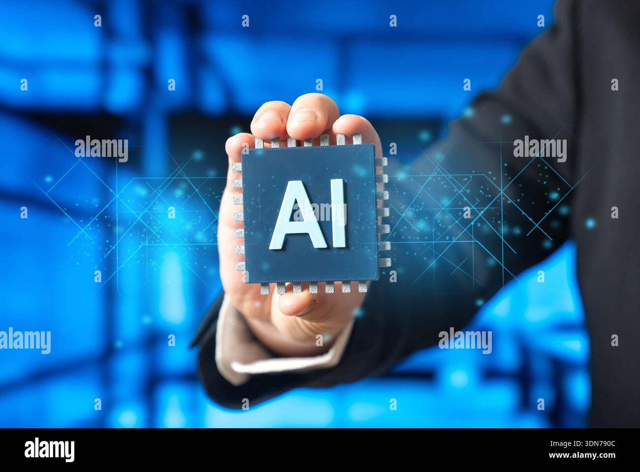 Computer chip with AI technology. Innovative technologies. Digital future concept showing smart computing. High tech progress drives automation, data Stock Photo