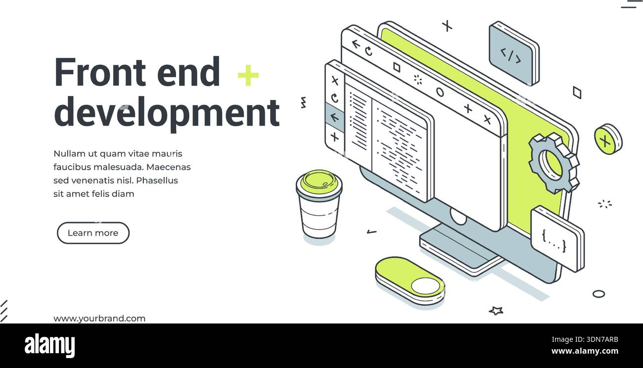 Front end development web banner. Isometric template for a landing page on programming. Vector illustration with a computer, code, and coffee for webs Stock Vector