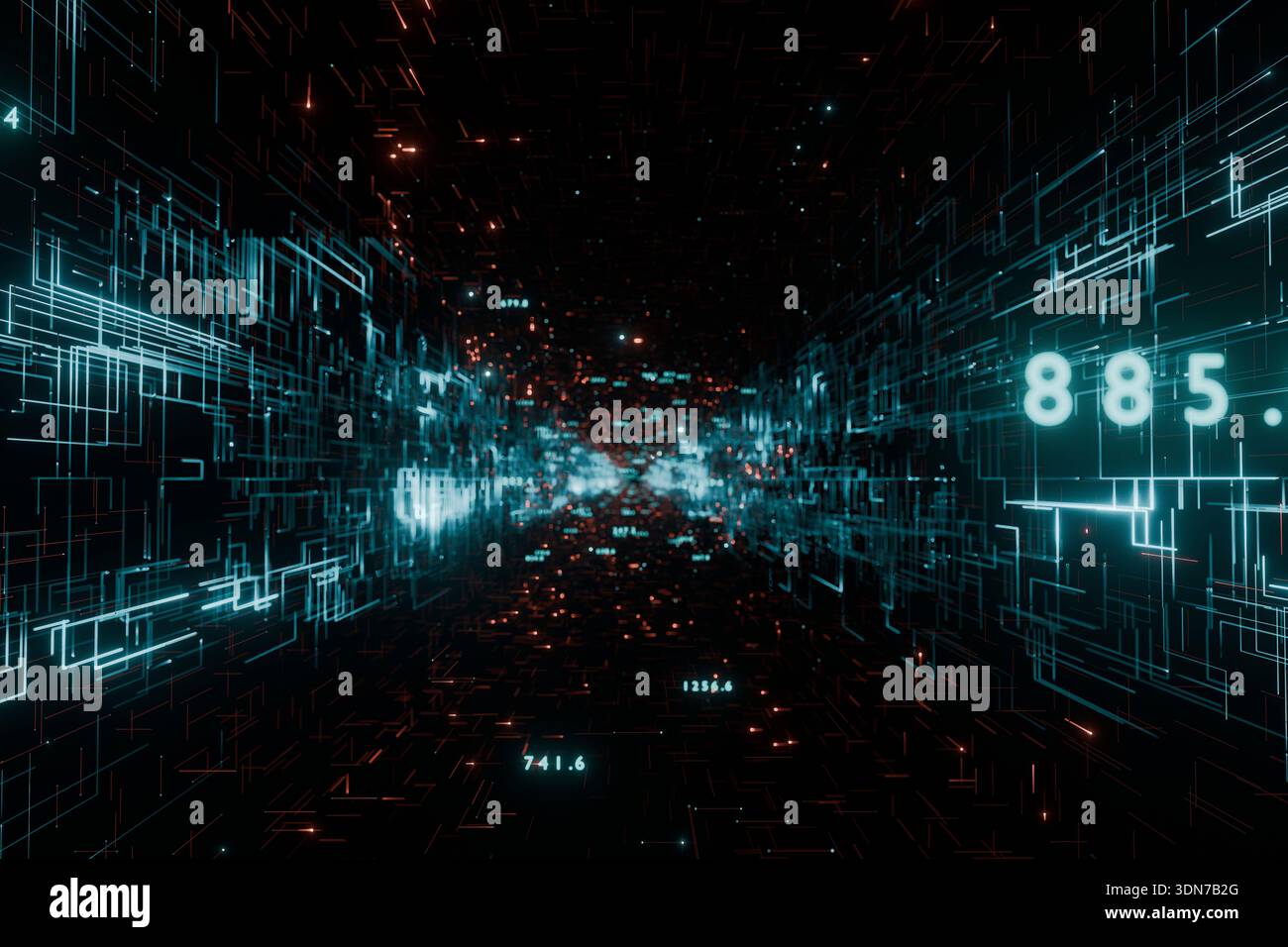 futuristic digital tunnel with glowing blue circuit lines and flying numbers. High-speed data transfer concept, cyber world, and big data visualizatio Stock Photo