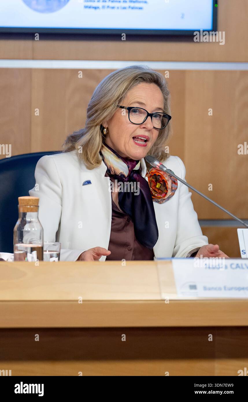 EIB Group President Nadia Calvio during a press conference at the European  Commission's headquarters in Madrid on 9 February 2026 in Madrid (Spain).  Calvio reported on the European Investment Bank (EIB) Group's