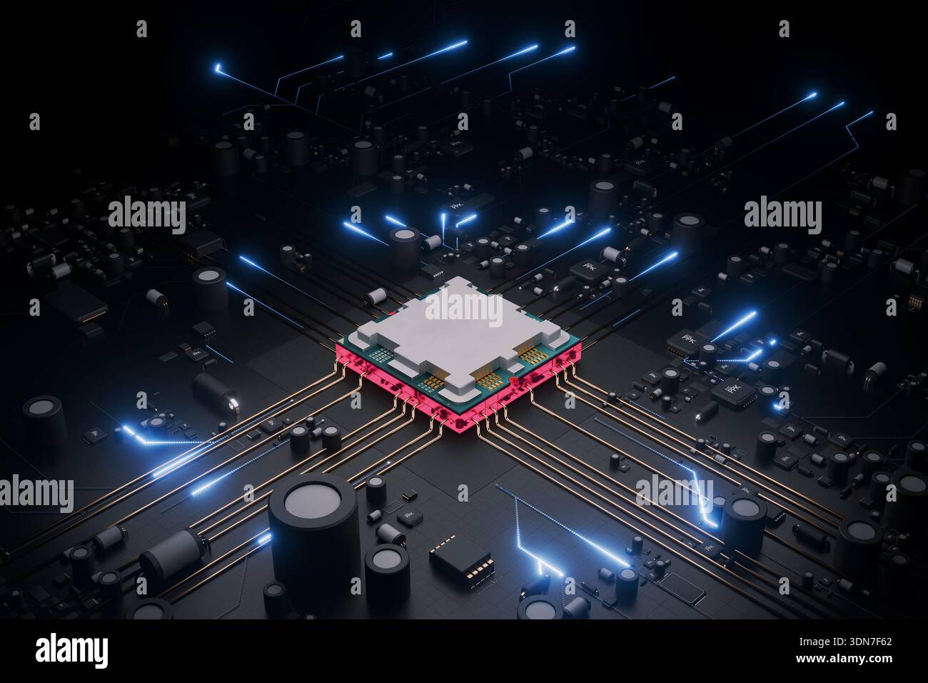 3D illustration of a silver microprocessor on a dark motherboard. Red ambient glow and blue light streaks emphasize data transfer, hardware engineerin Stock Photo
