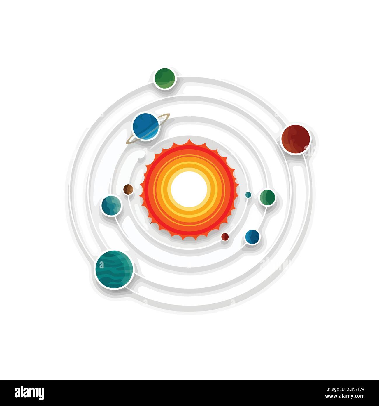 A colorful illustration of the solar system with planets orbiting the ...