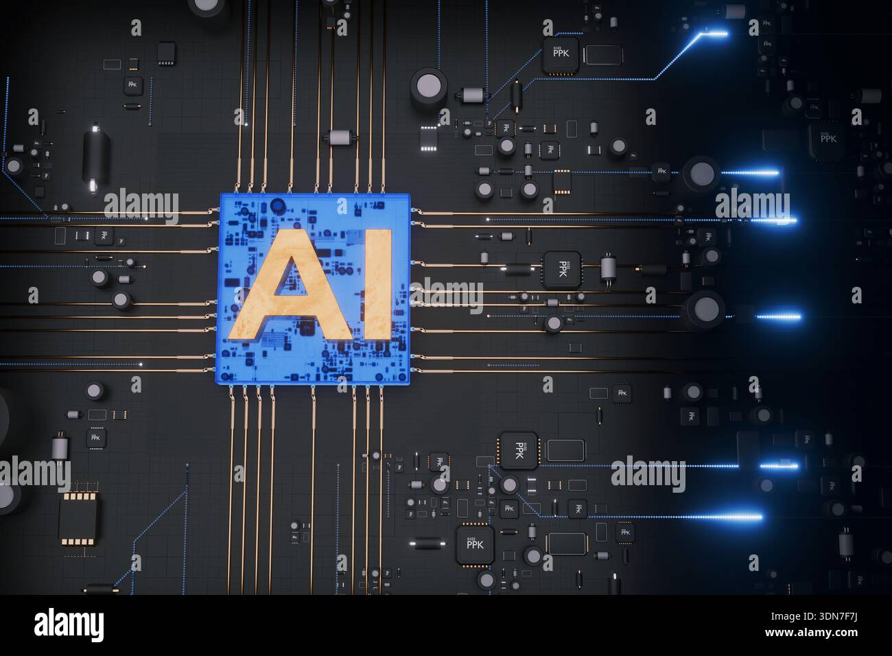 Glowing AI processor on digital circuit board, showcasing next-gen artificial intelligence and modern computing power, top view. Tech, concept Stock Photo