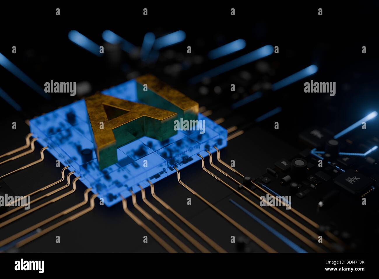 Dark aesthetic background featuring a central AI processor. Glowing pathways symbolize high-speed data transfer and smart technology integration in mo Stock Photo
