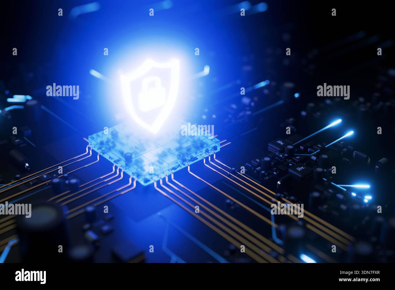 Digital defense concept featuring a neon padlock and shield icon integrated into a glowing microchip. Visualizes hardware encryption, secure data proc Stock Photo