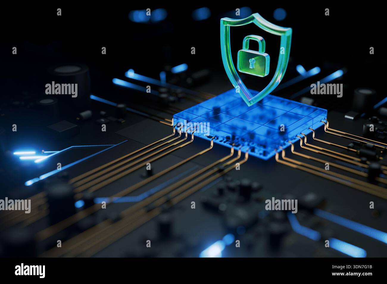 Advanced cyber security technology illustration. A glowing holographic shield sits atop an integrated circuit board, representing robust firewall prot Stock Photo