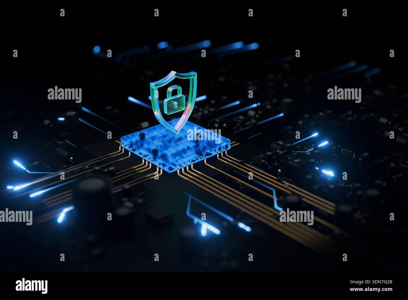 Abstract representation of hardware-level security. Glowing light trails connect to a central processor protected by a digital padlock icon, symbolizi Stock Photo