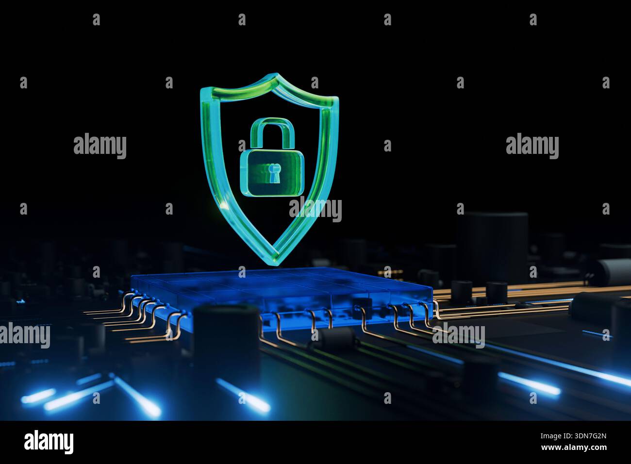Futuristic cybersecurity concept featuring a glowing digital shield and padlock icon on a high-tech blue computer chip with flowing data circuits. Per Stock Photo