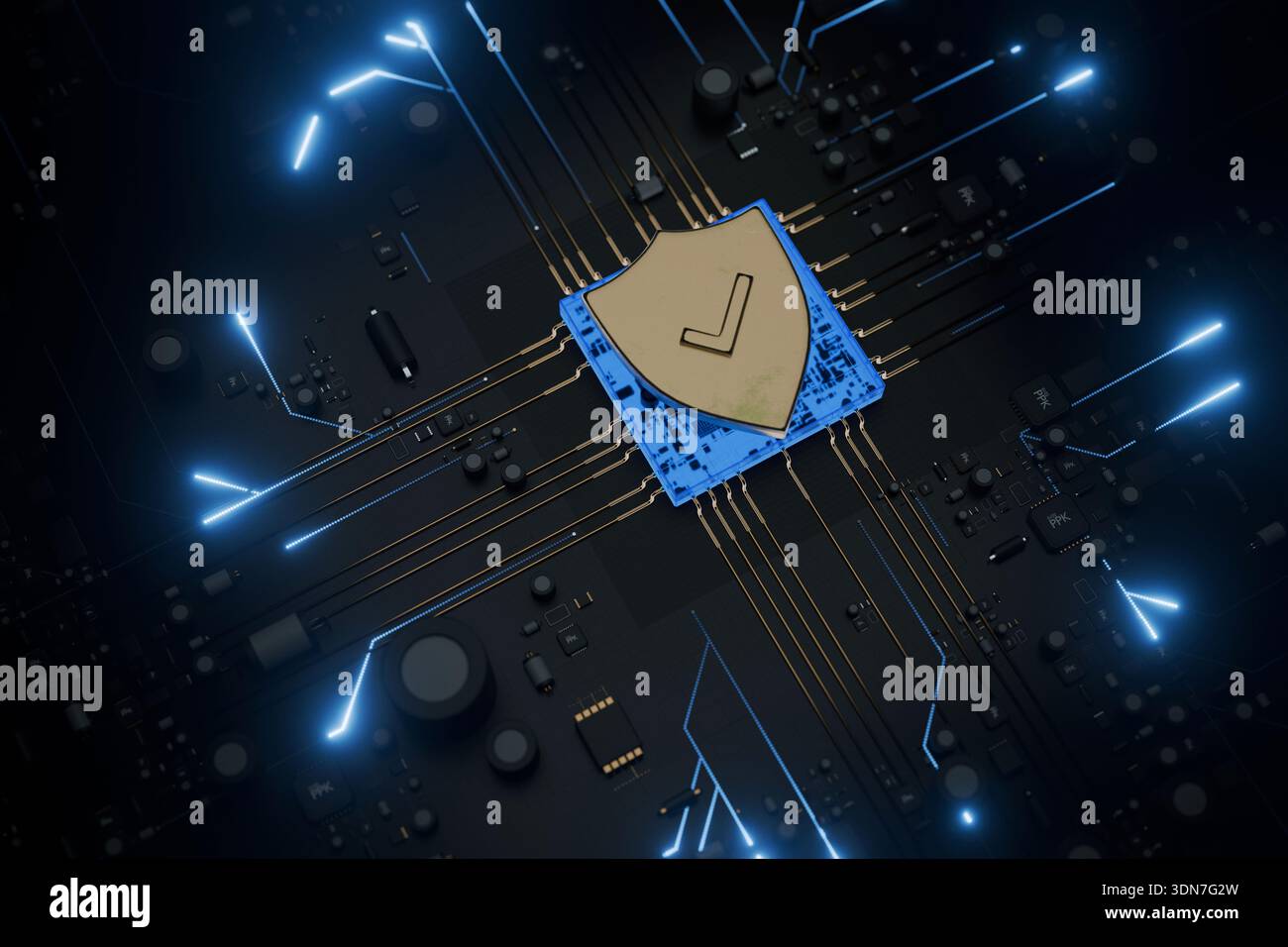 Futuristic microchip with a gold shield icon. Professional 3D render illustrating secure computing, information technology ethics, and corporate digit Stock Photo