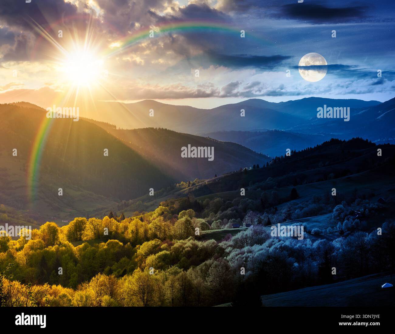 gorgeous countryside in spring. day and night time change concept. beautiful mountain landscape with cloudy sky over the forested rolling hills with s Stock Photo