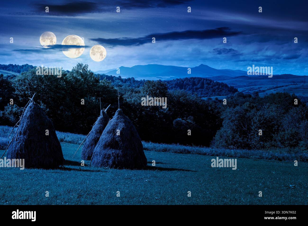 Moon Light Countryside rural landscape in mountain at night. grass on rolling hill and peak in ...