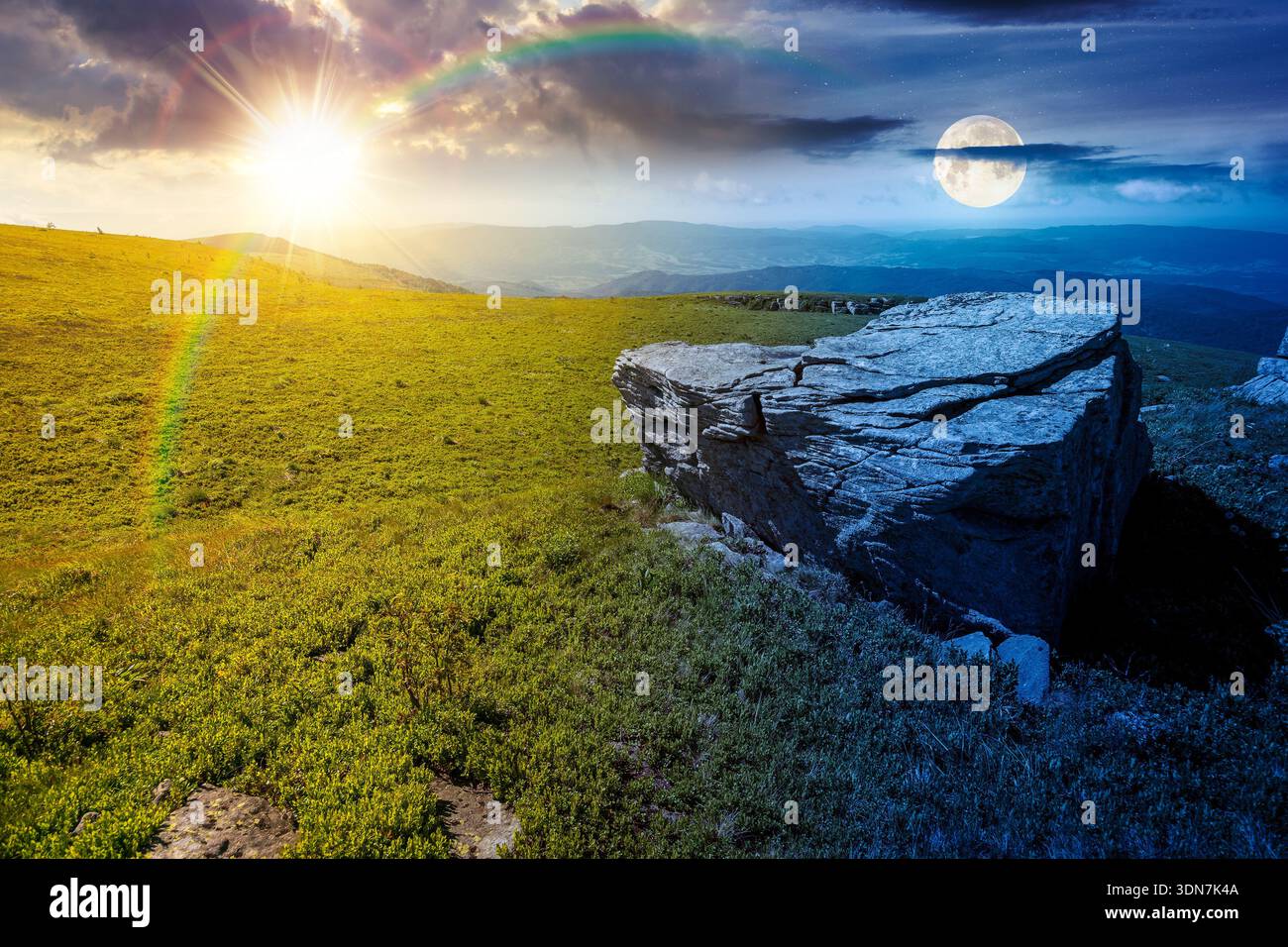 alpine mountain landscape. day and night time change concept. untouched grass and sharp sandstone on wide meadow with sun and moon. travel background Stock Photo