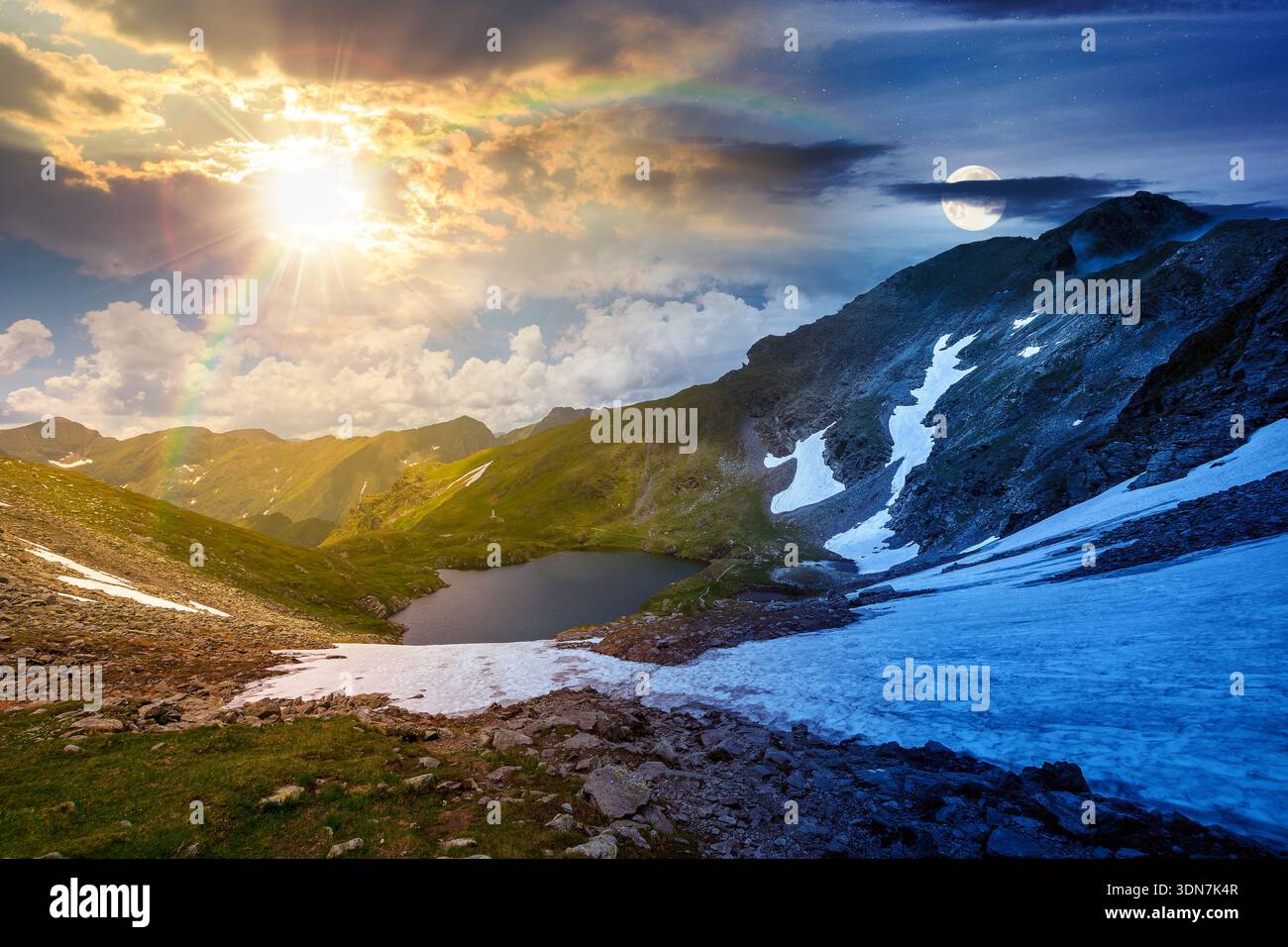 mountain lake in alpine summer landscape. day and night time change concept. beautiful view surrounded with sun and moon at twilight. fresh water, sno Stock Photo