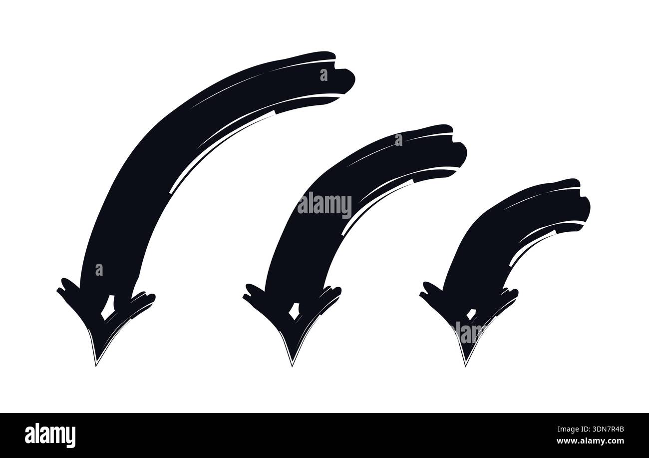 Curved down arrows in sweeping motion bold thick stroke graphic element set Stock Vector