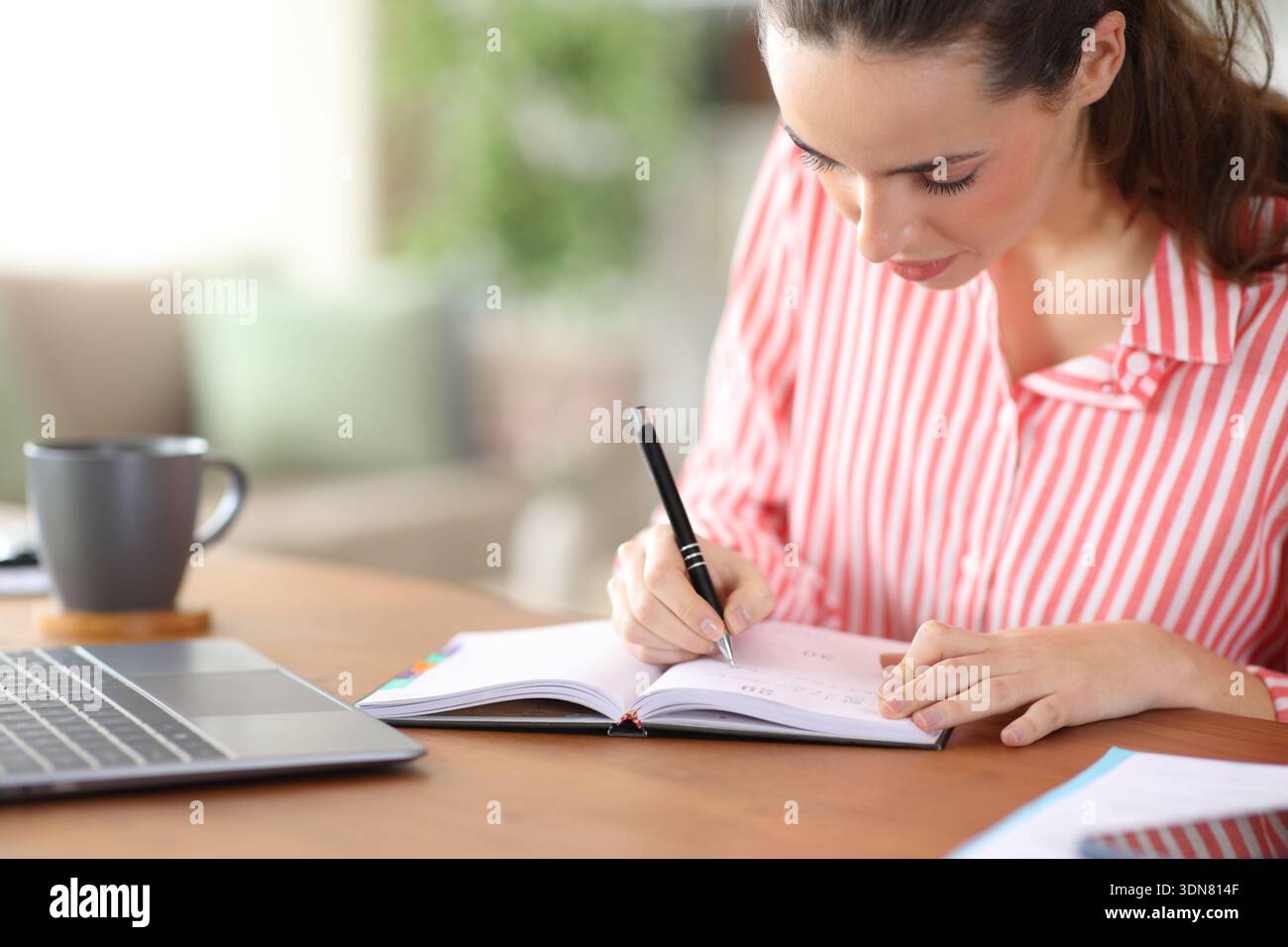 Serious tele worker writing in agenda working at home Stock Photo