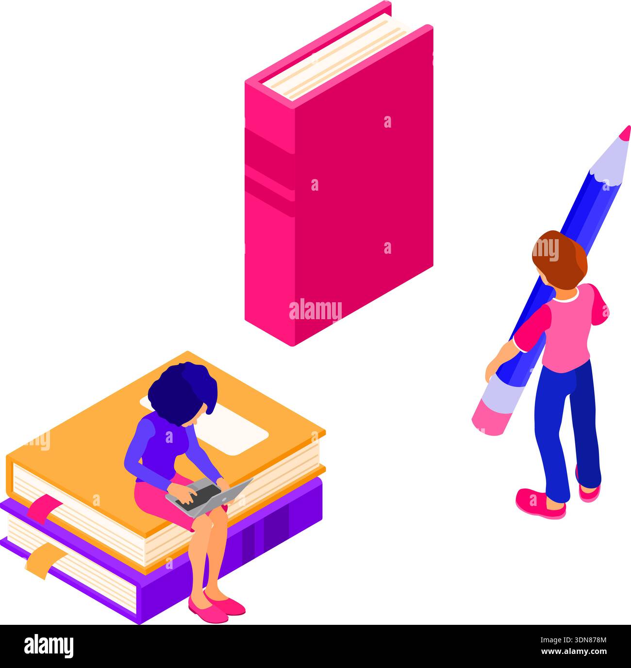 Online education or distance exam with isometric character internet course e-learning from home boy and girl online studying on laptop isometric educa Stock Vector