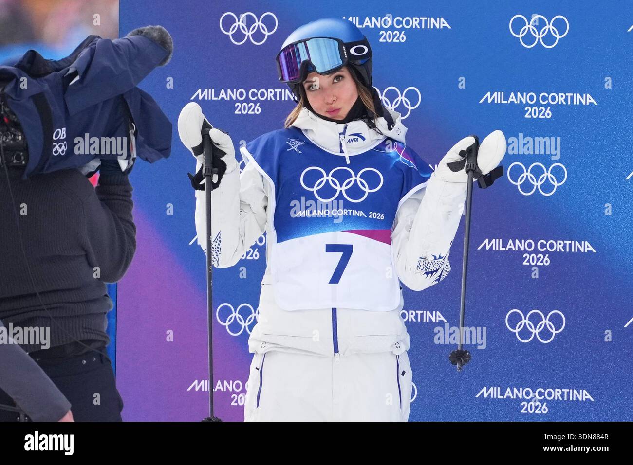 China's Eileen Gu reacts during the women's freestyle skiing slopestyle ...