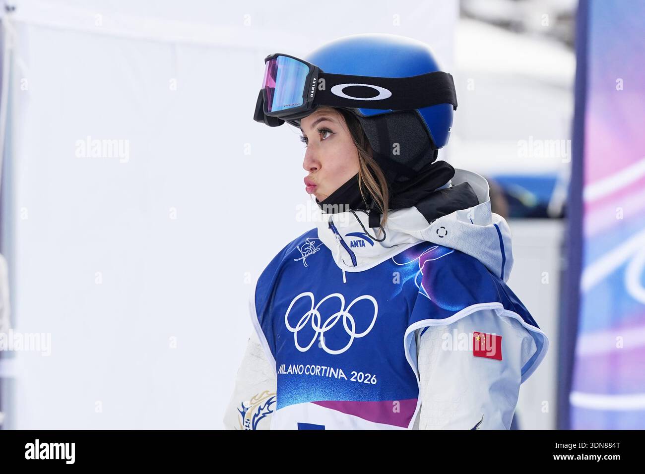 China's Eileen Gu reacts during the women's freestyle skiing slopestyle ...