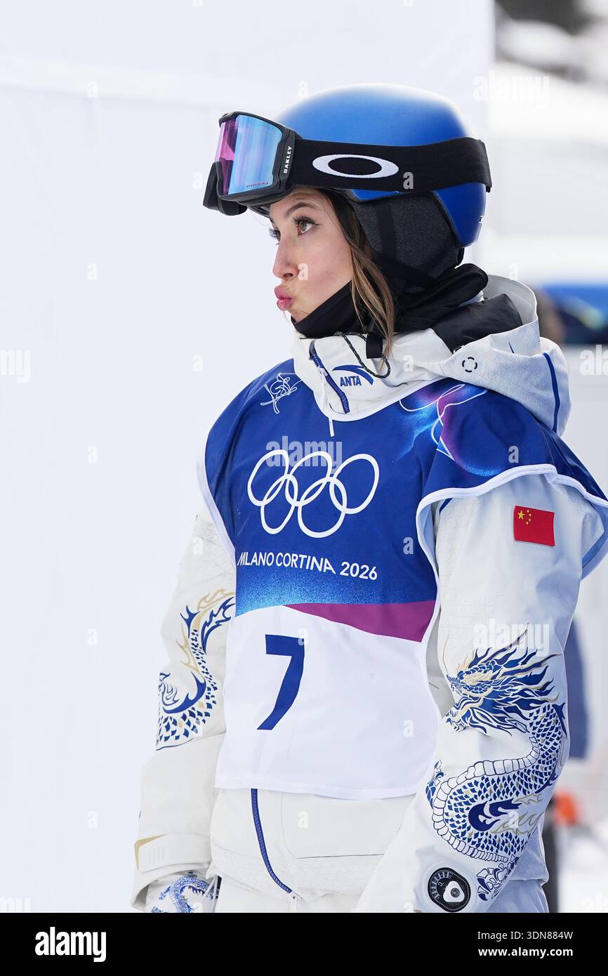 China's Eileen Gu reacts during the women's freestyle skiing slopestyle ...