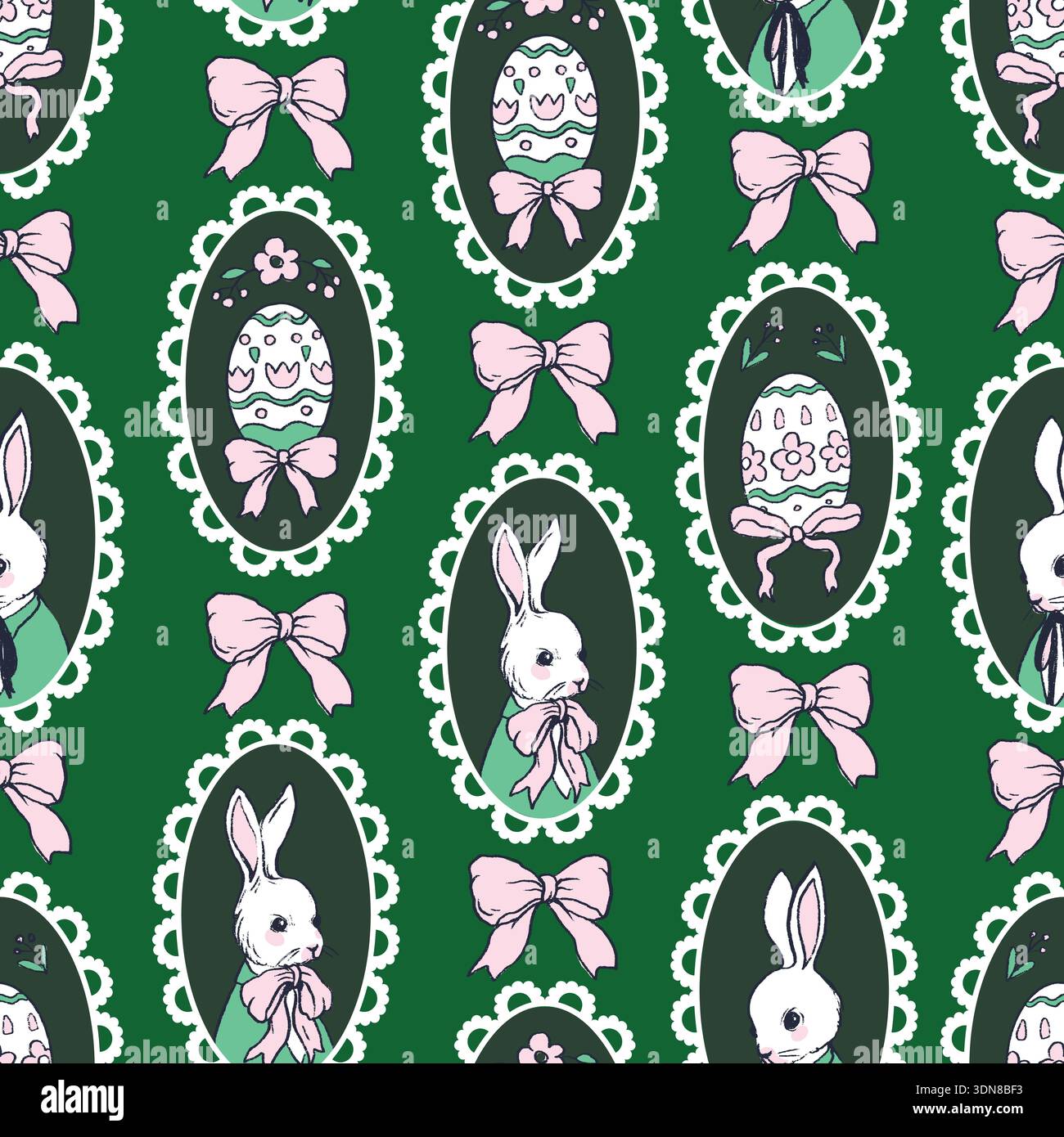 Cute rabbit seamless vector pattern with Easter eggs and bows. Stock Vector
