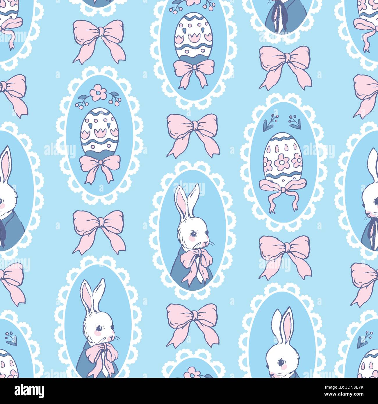Cute rabbit seamless vector pattern with Easter eggs and bows. Stock Vector
