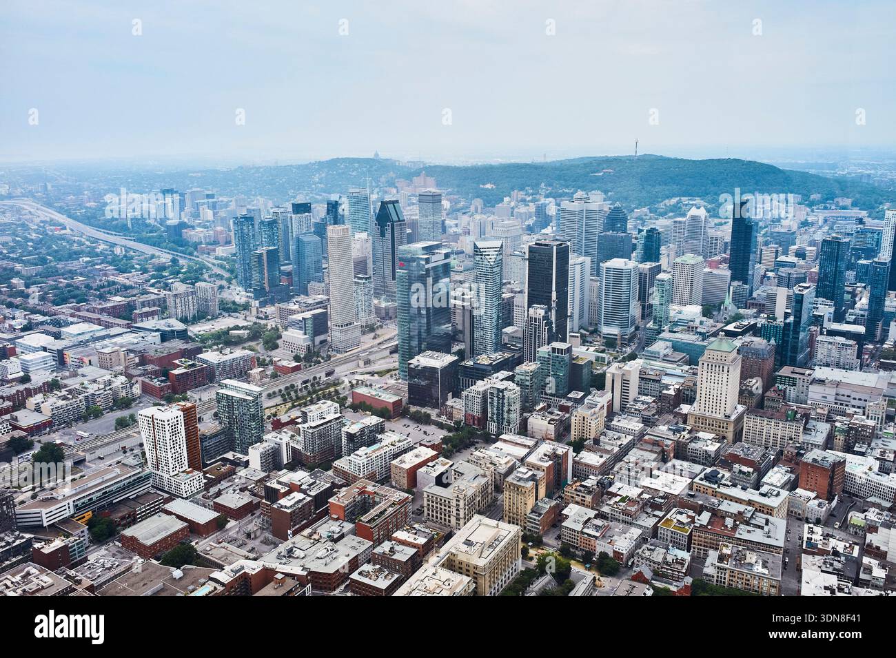 Aerial view of downtown Montreal with skyscrapers and residential