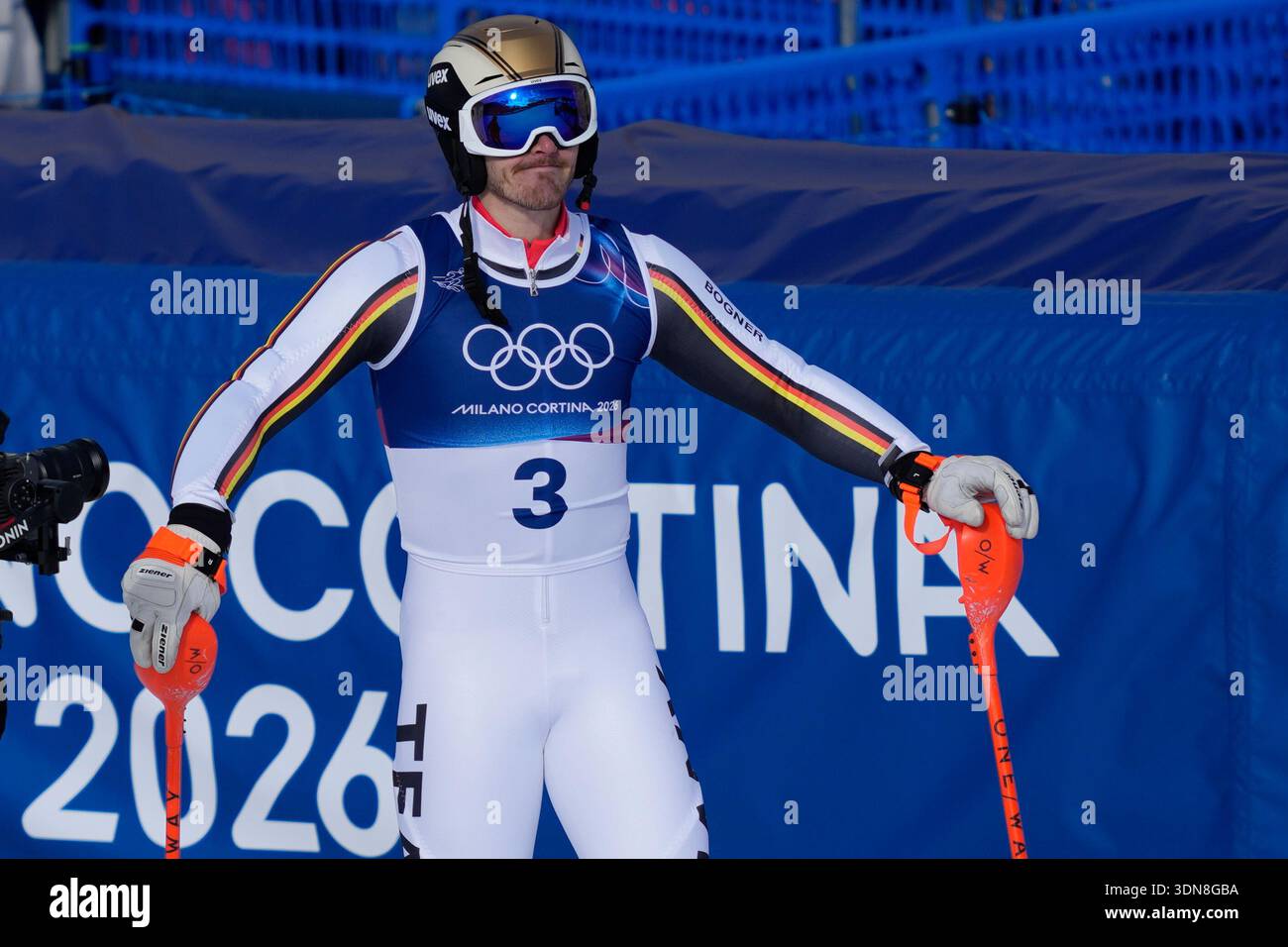 Germany's Linus Strasser reacts at the finish area of an alpine ski men ...