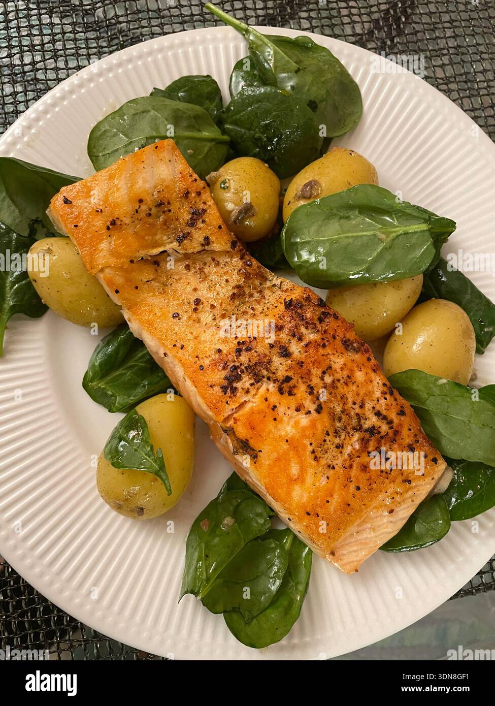 Close Up of Grilled Salmon and New Potato Entree, 2026, USA - Smartphone Captured Stock Image