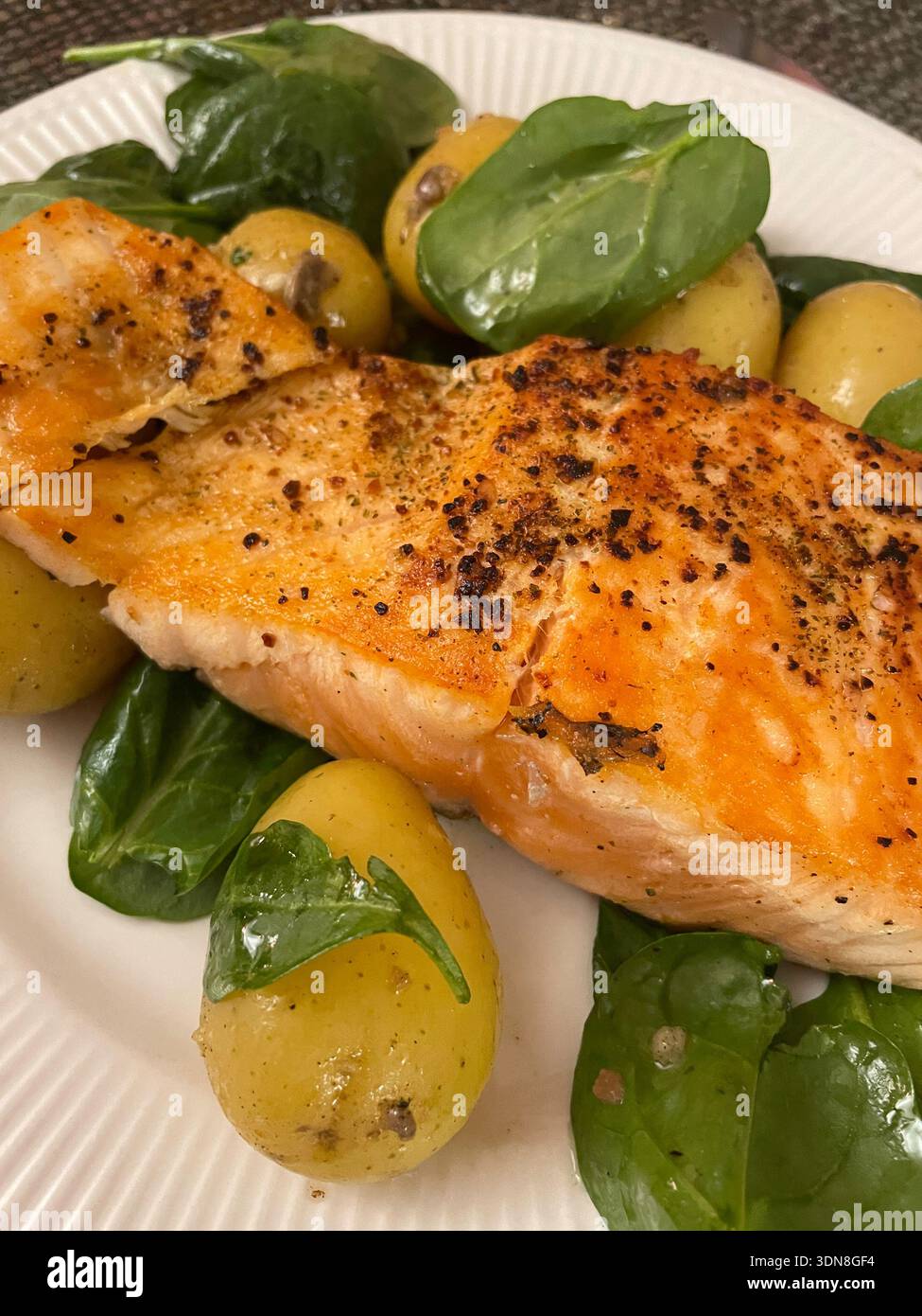 Close Up of Grilled Salmon and New Potato Entree, 2026, USA - Smartphone Captured Stock Image