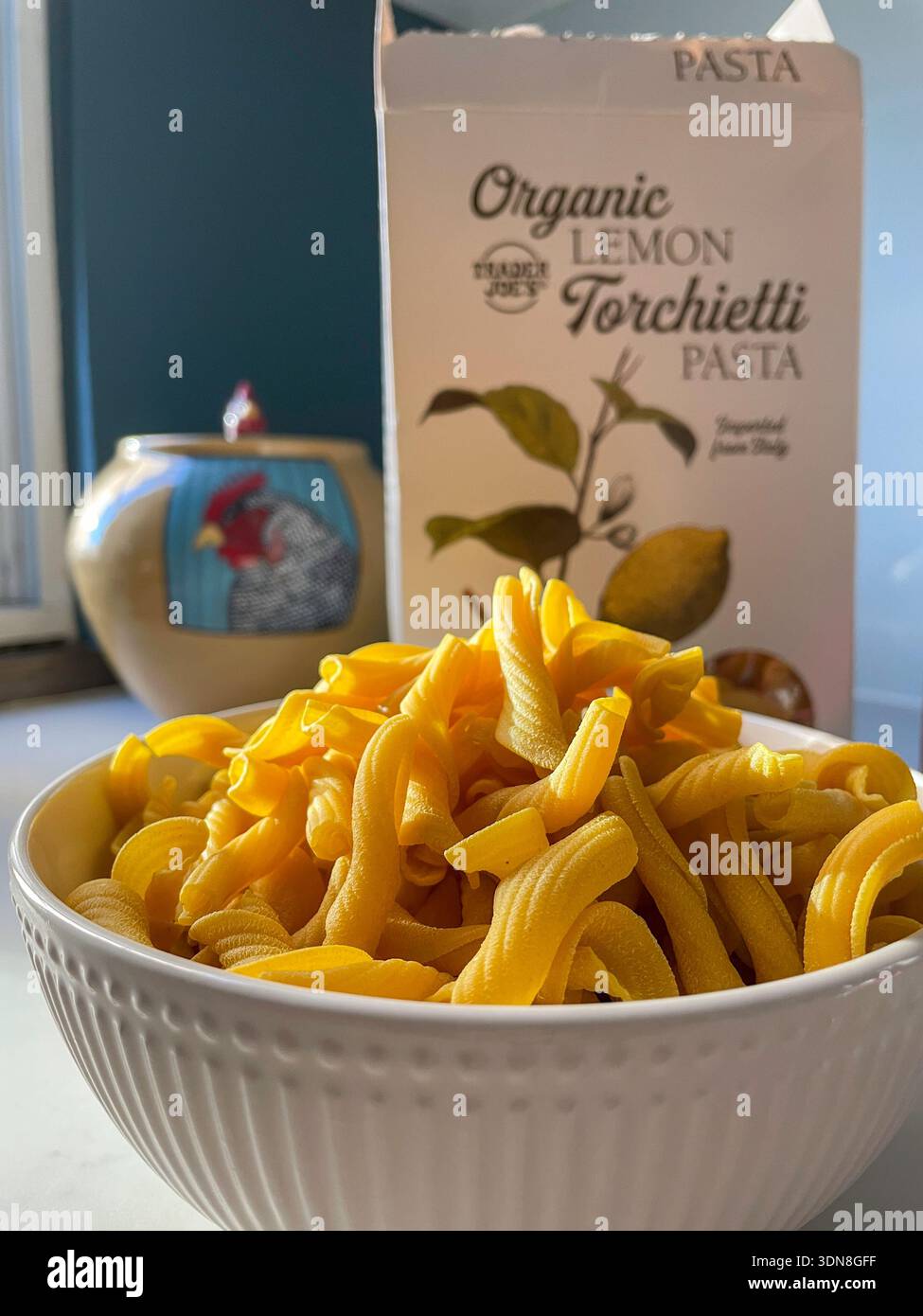 Still life of Trader Joe's  lemon torchietti dried pasta, 2026, USA - Smartphone Captured Stock Image