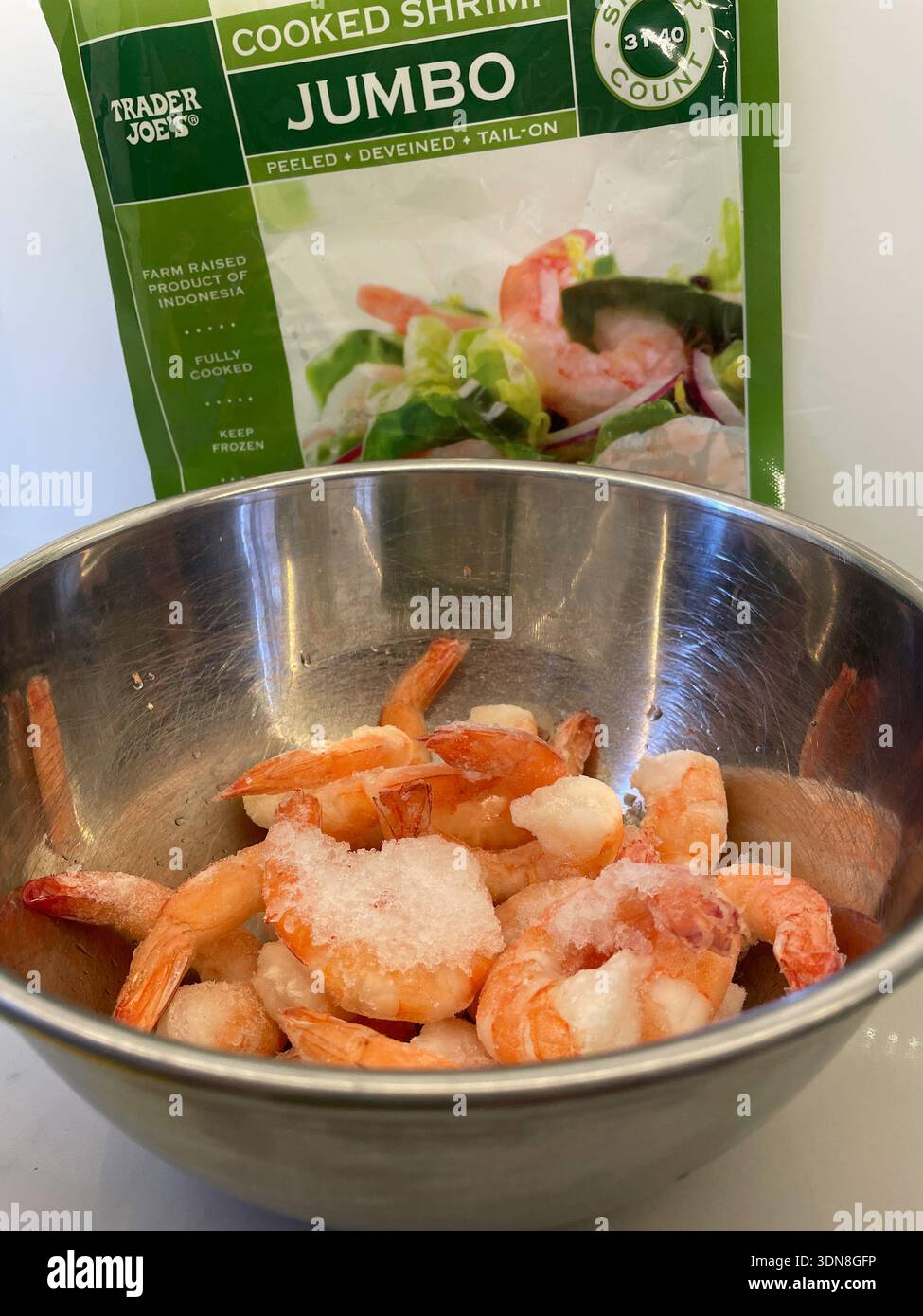 Close-up of a bowl of frozen cooked jumbo  shrimp from Trader Joe's, 2026, United States - Smartphone Captured Stock Image