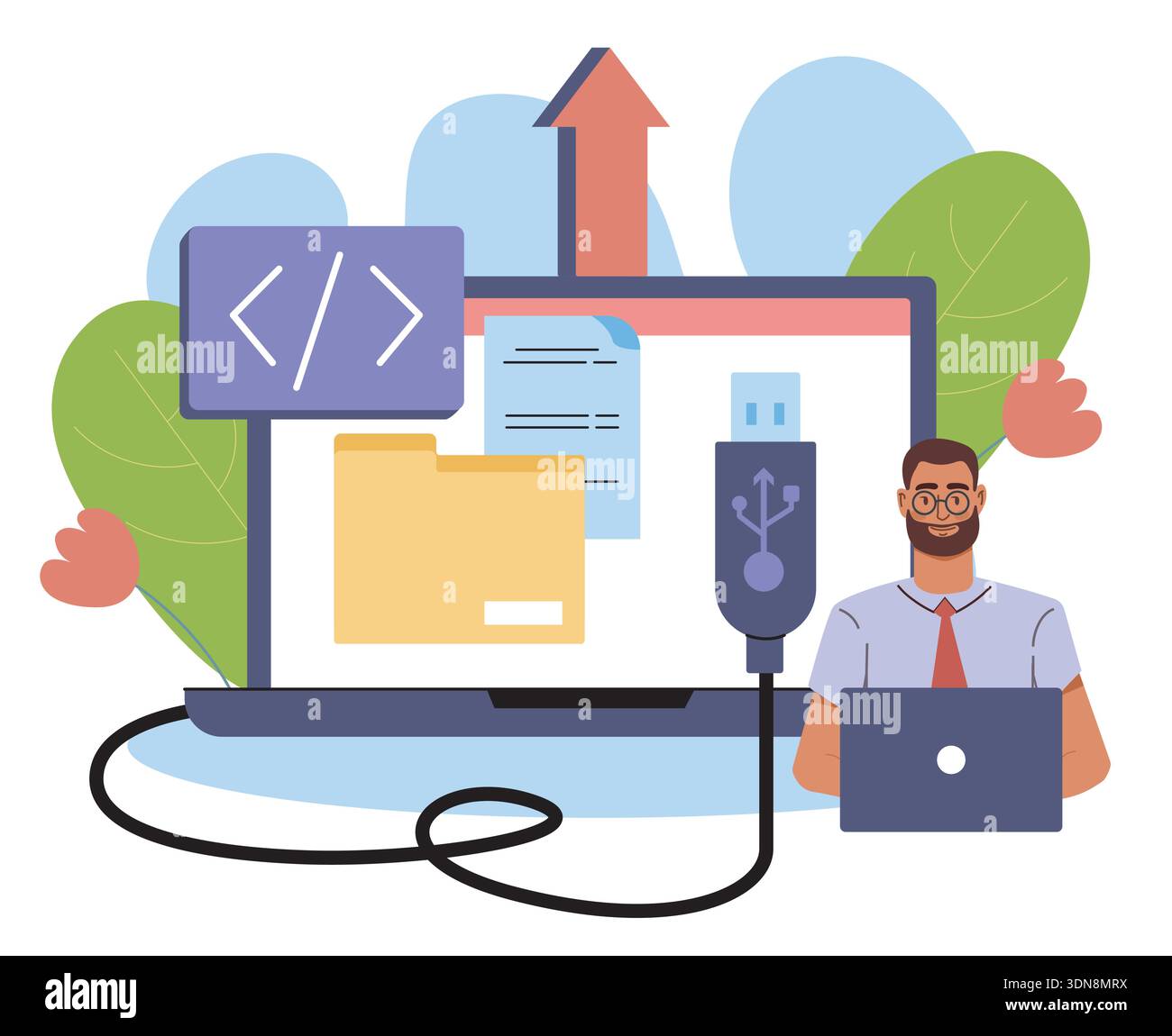 File transfer concept. Man using laptop transfers files to computer or tablet. Programmer sends documents from one device to another. Server and Stock Vector