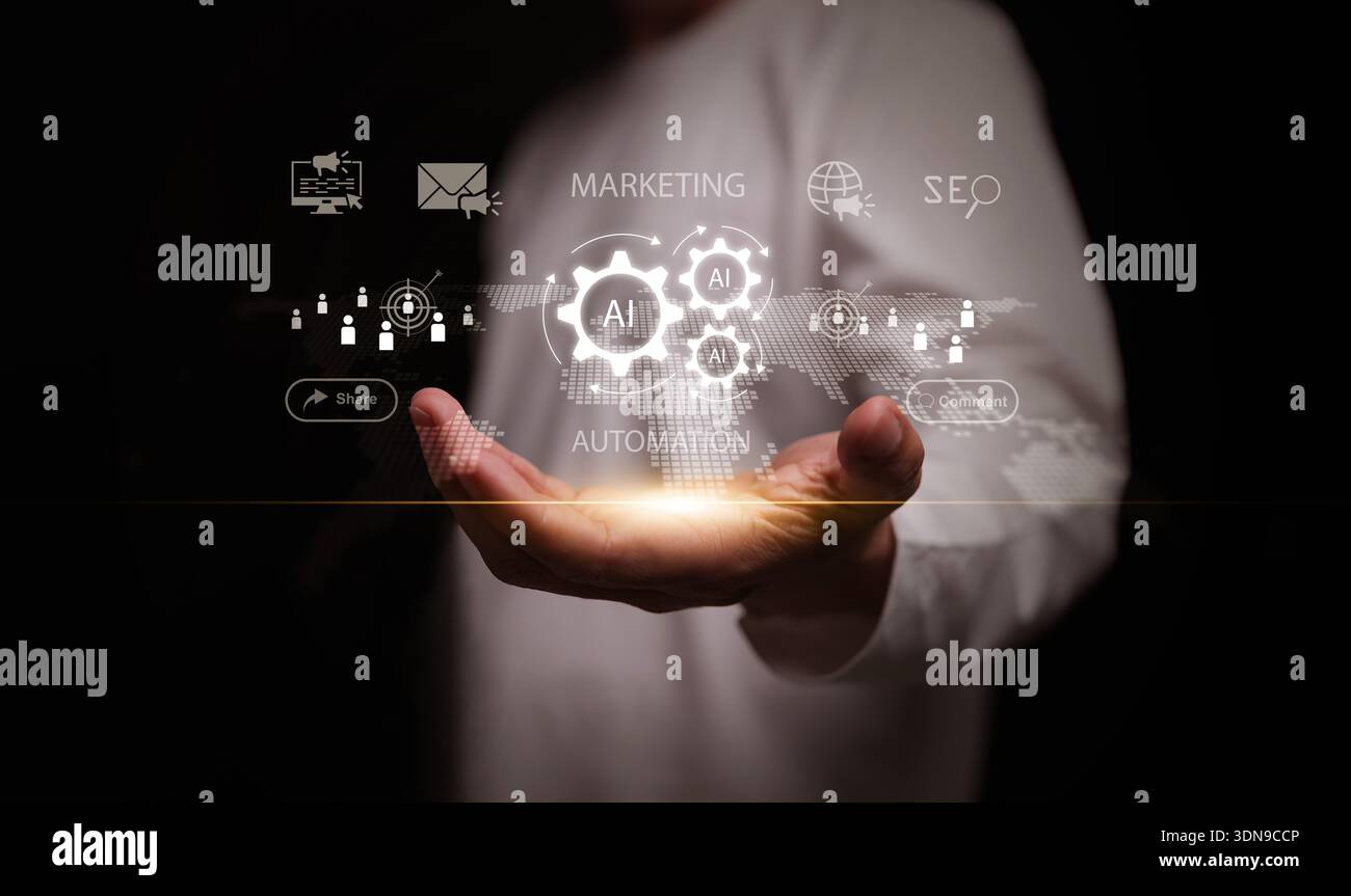 Marketing automation concept. Hand holding AI driven automated system with digital market, SEO, global data analytics, customer engagement platform, l Stock Photo