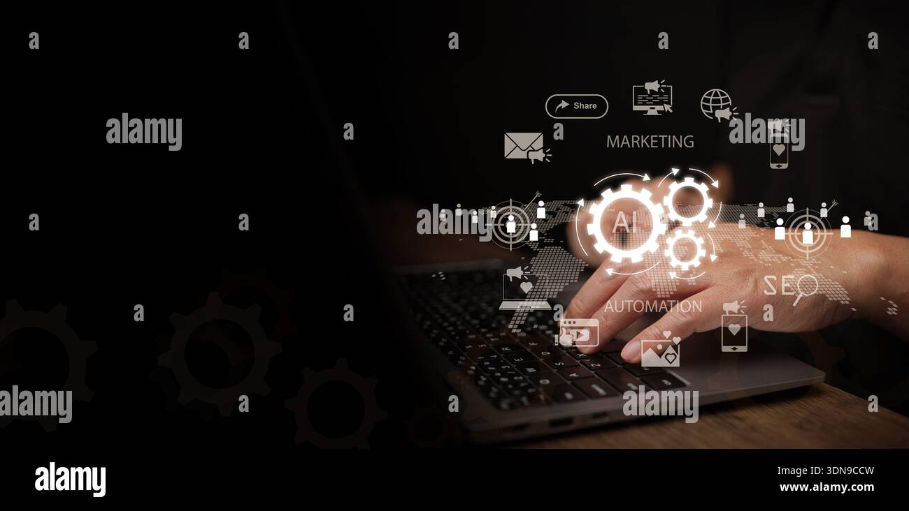 Marketing automation concept. Man with laptop checking automated customer engagement platform, AI powered workflow, lead nurturing, digital market, SE Stock Photo