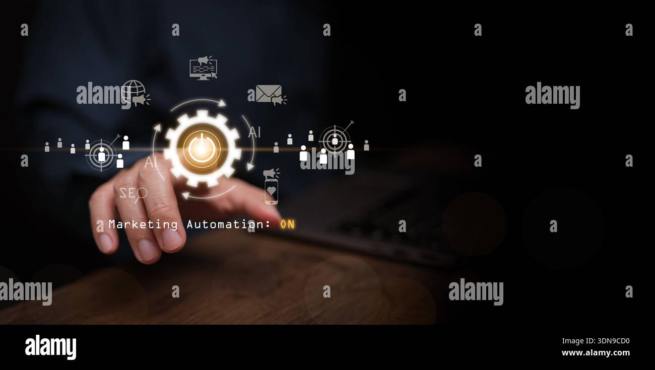 Marketing automation concept. Man with laptop turns on automated customer engagement platform, AI powered workflow, lead nurturing, digital market, SE Stock Photo