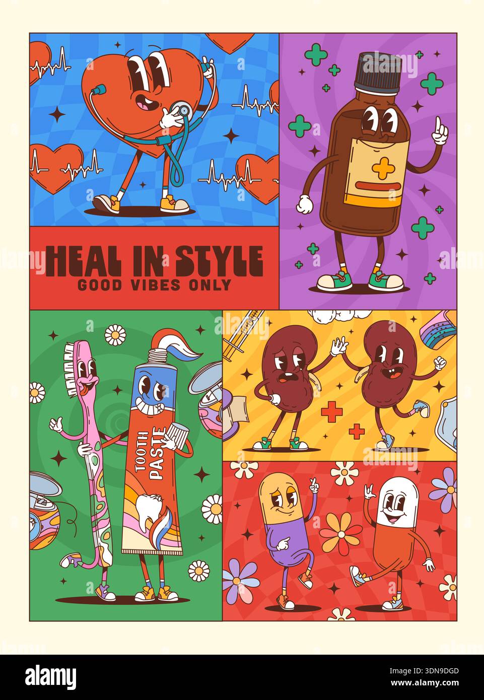 Medicine, healthcare and human organs groovy characters collage poster ...