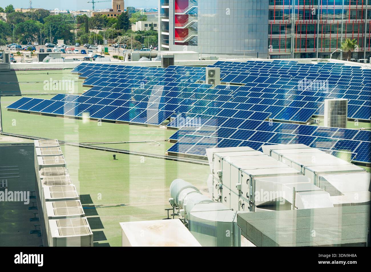 Rooftop photovoltaic array on commercial roof, photovoltaic energy ...