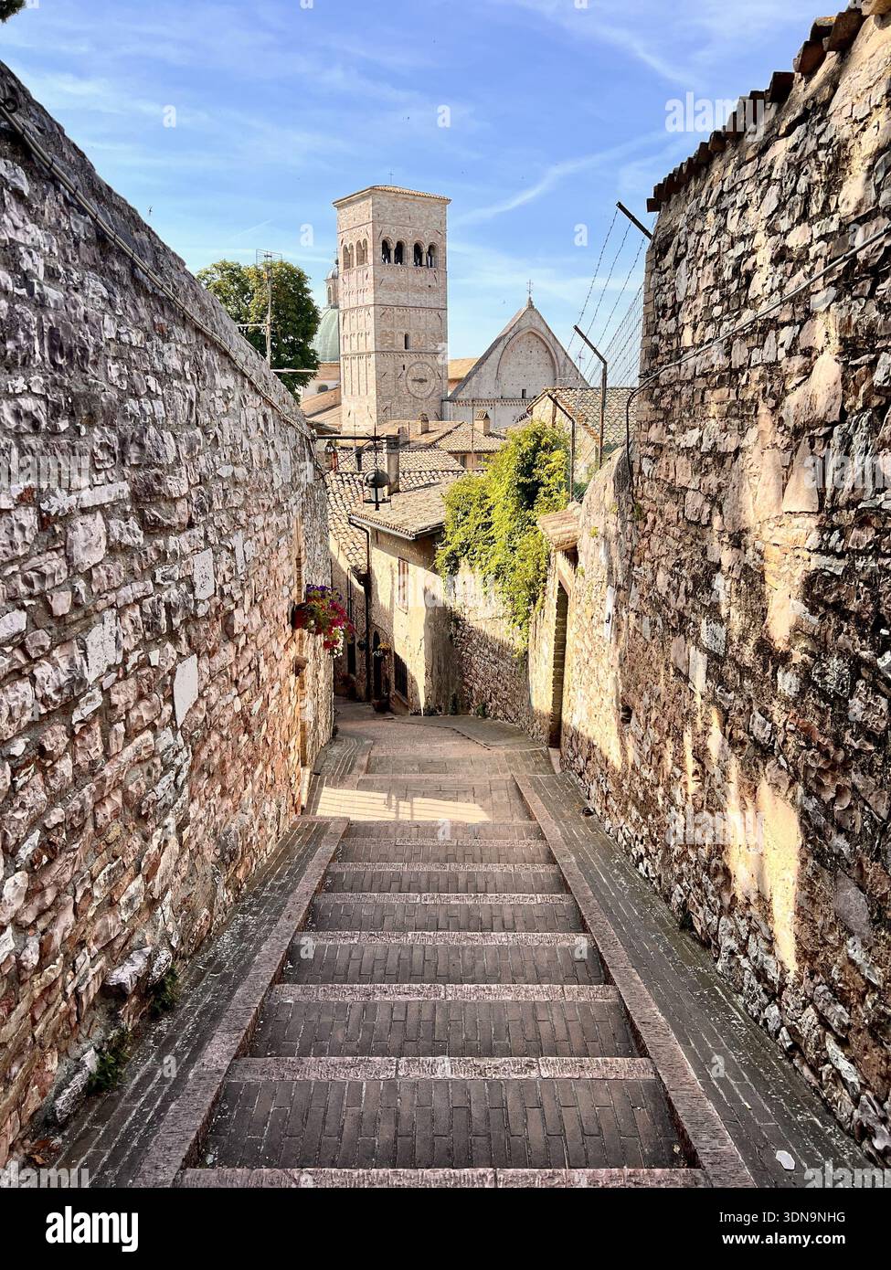 Scenic Stone Alleyway with Church View in a Historic Italian Hill Town - Smartphone Captured Stock Image