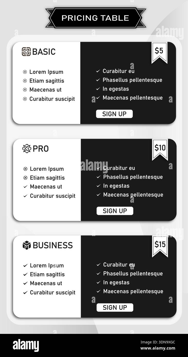 Vertical Pricing Table UI Design with Subscription Plans Vector Stock Vector