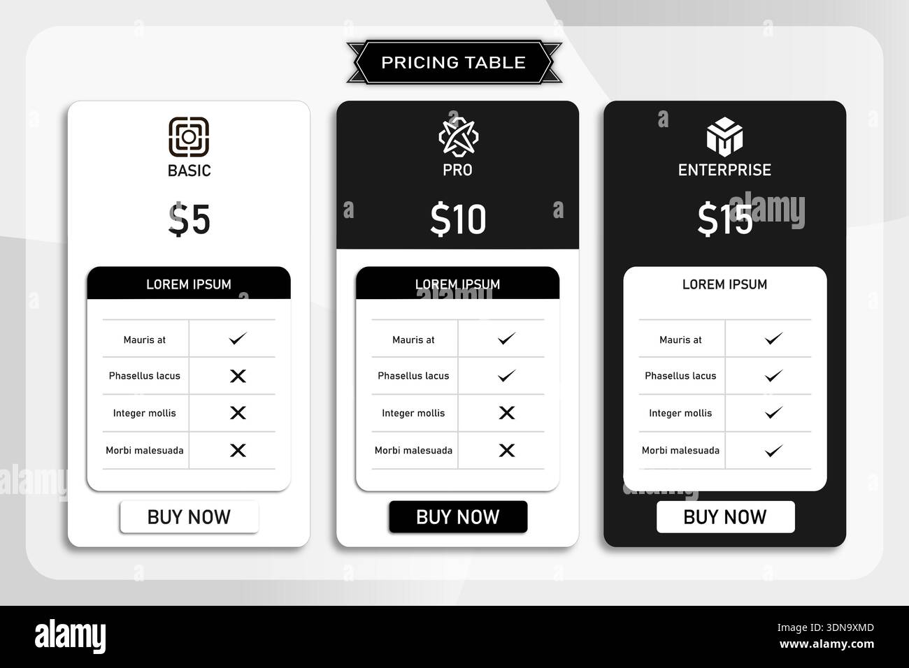 Modern Pricing Table UI Design with Three Subscription Plans Vector Stock Vector