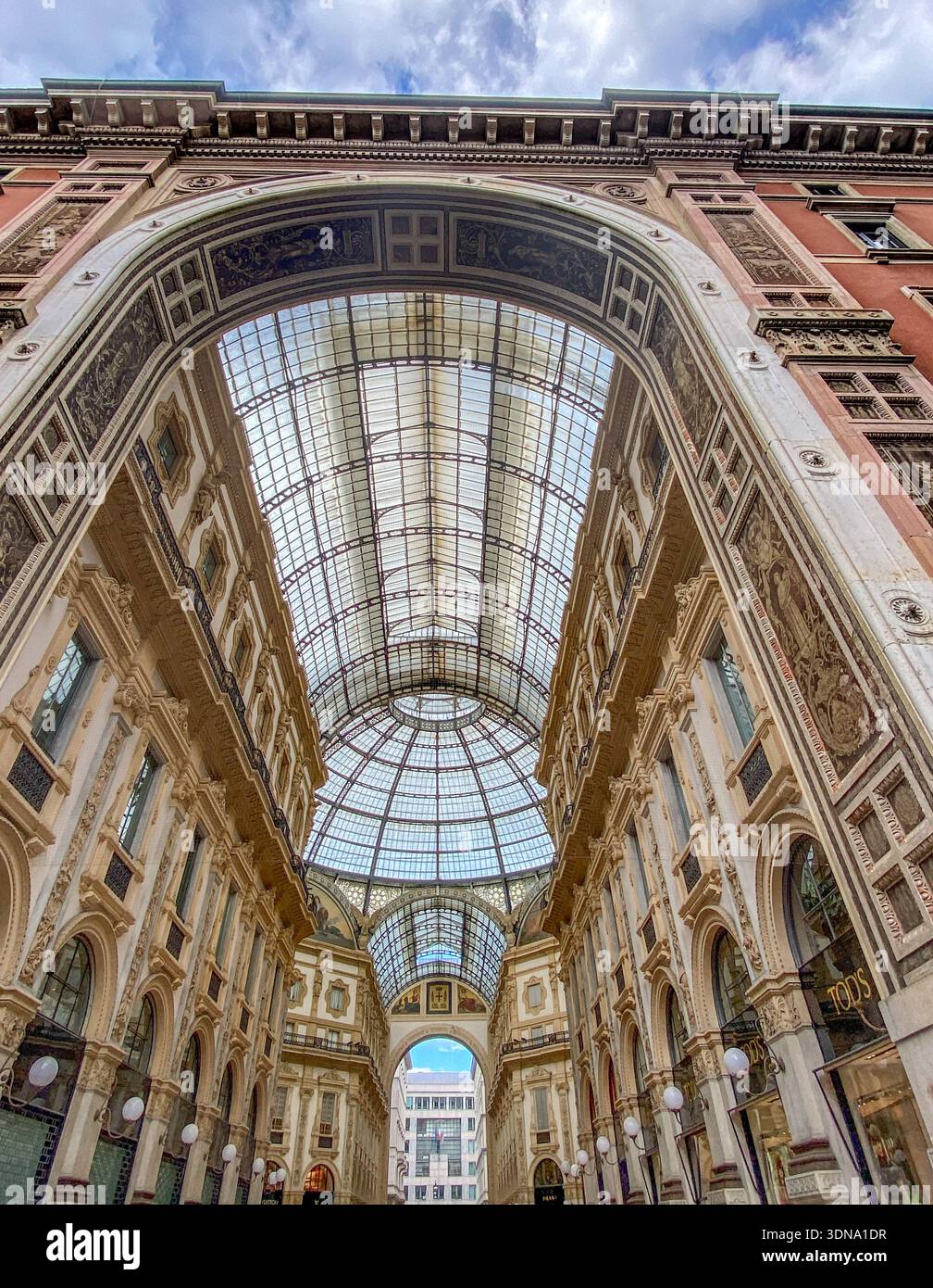 Upward view of the entry to the Galleria Vittorio Emanuele II in central Milan, Italy - Smartphone Captured Stock Image