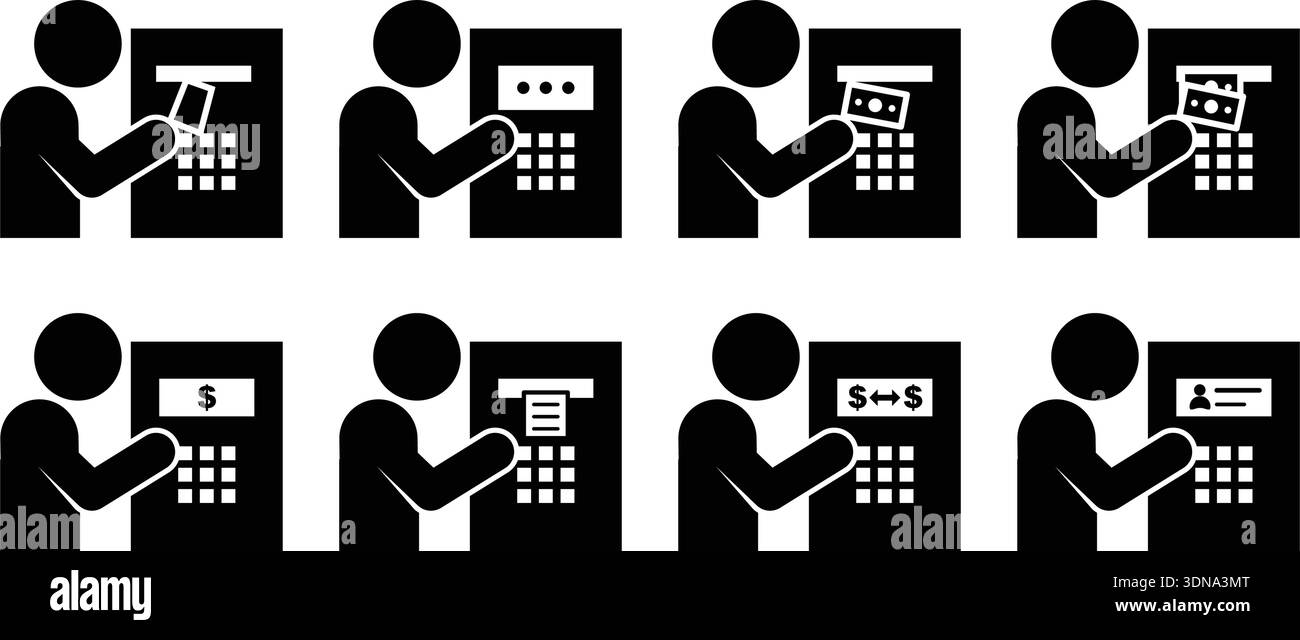 ATM banking transaction icon set pictogram illustration showing ...