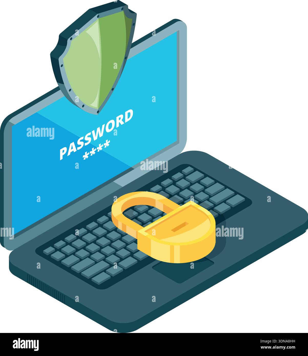 Cyber security icon. Isometric laptop with green shield Stock Vector