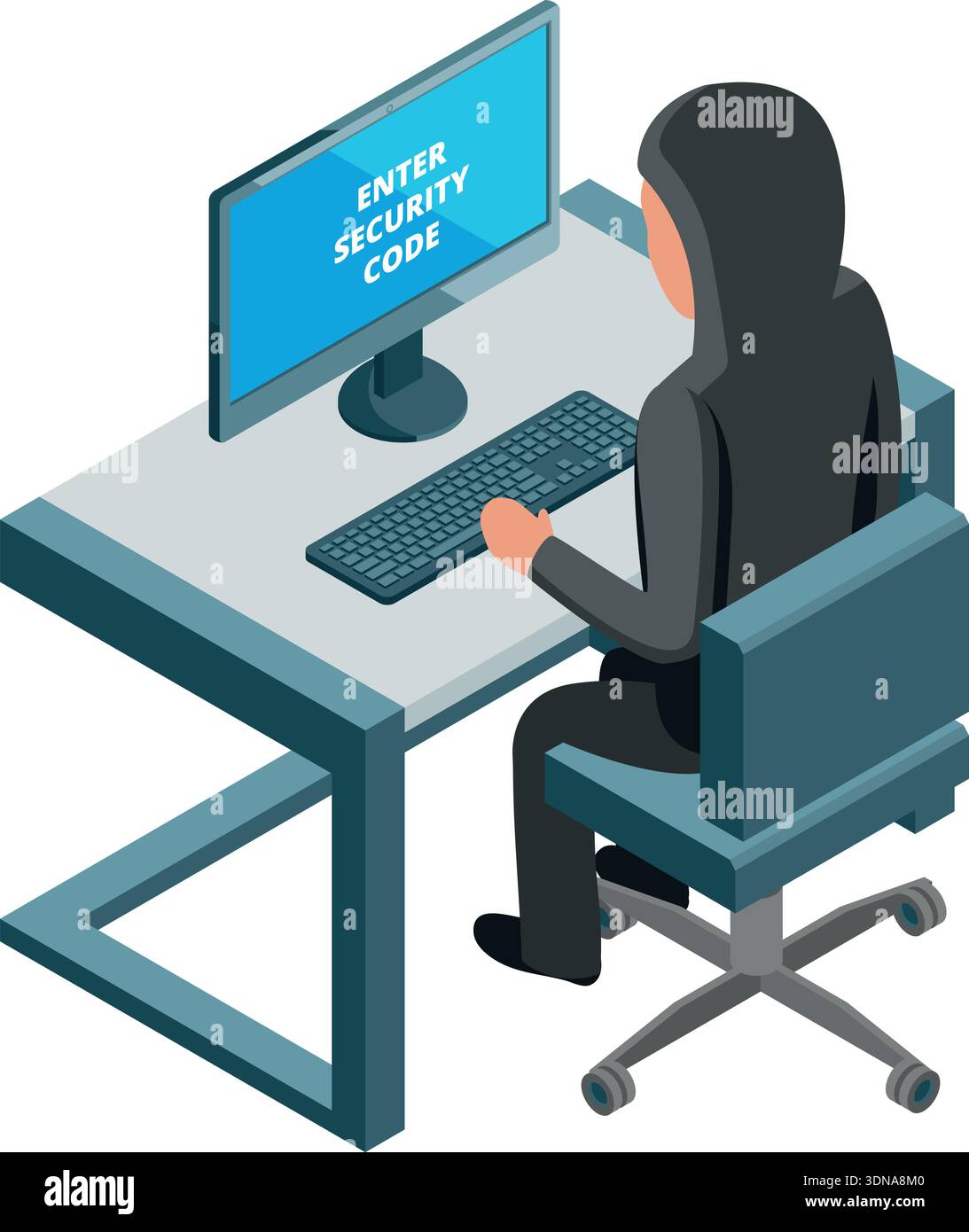 Computer protected with security code. Cyber safety isometric icon Stock Vector