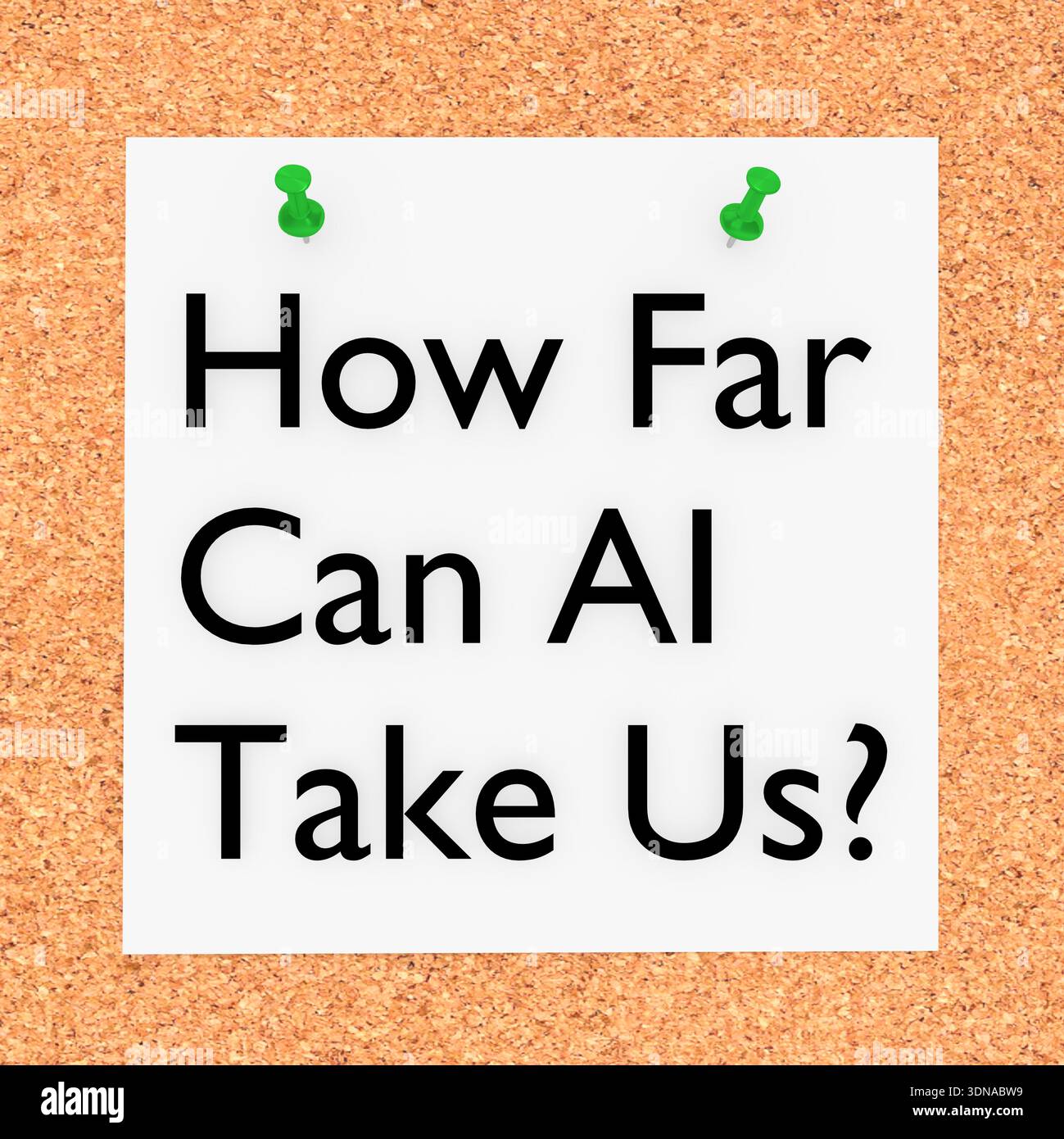 3D illustration of "How Far Can AI Take Us?" on cork board Stock Photo