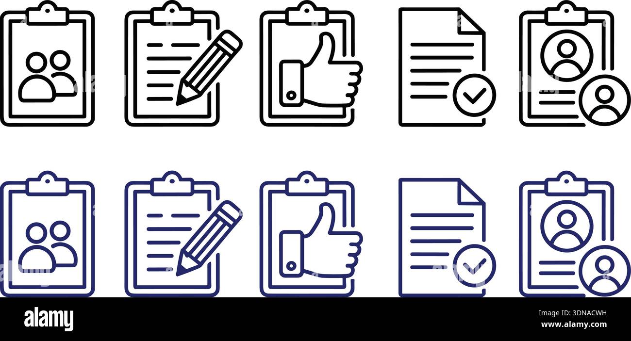A set of ten line icons depicting various concepts related to documents, forms, user profiles, and feedback, presented in both black and blue outlines. Stock Vector