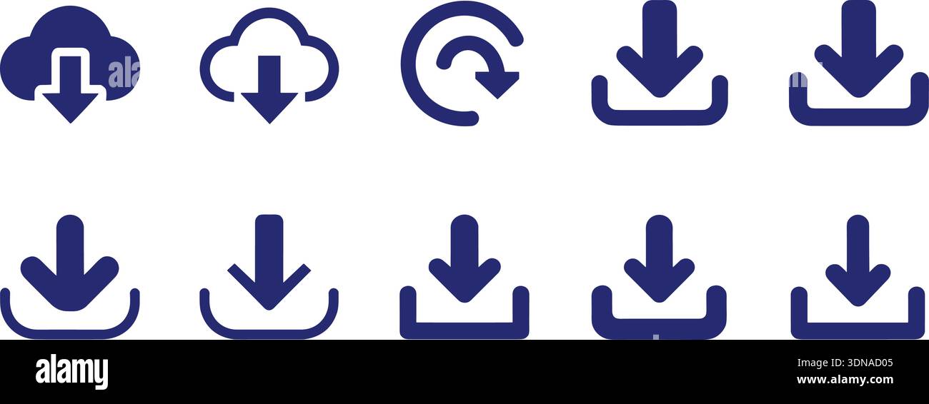 A collection of blue vector icons representing download, cloud download, and refresh actions. Stock Vector